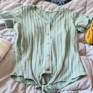 Weatherproof Mint Green Short Sleeve Button-Front Tie Hem Top